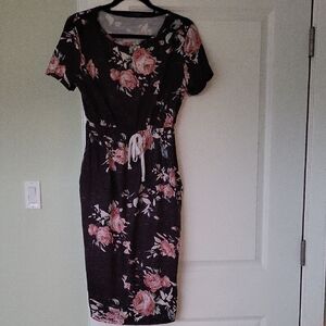 SHEIN Black Midi Dress with Pink Floral Print